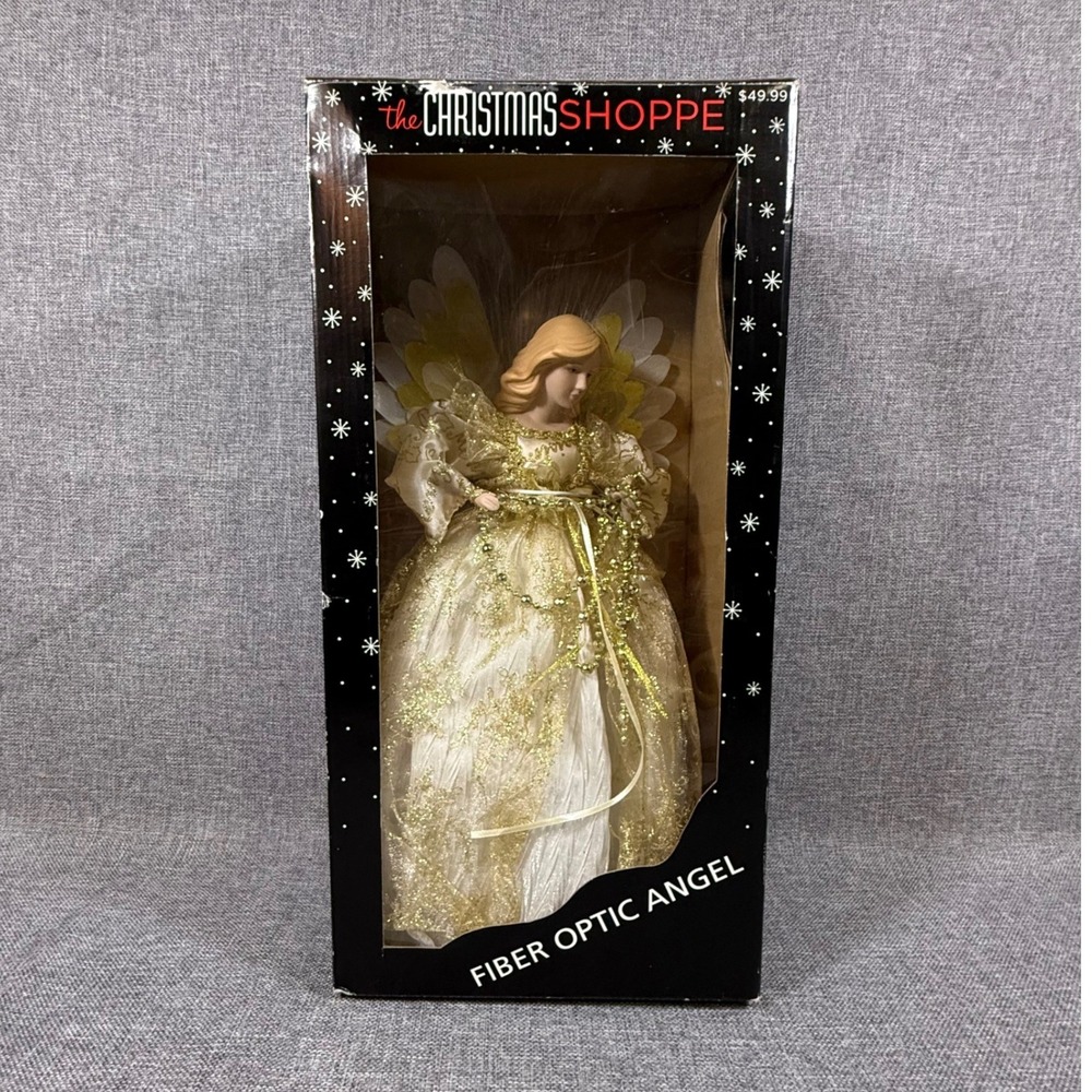 The Christmas Shoppe Fiber Optic Angel Christmas Tree Topper Gold Glitter Cream